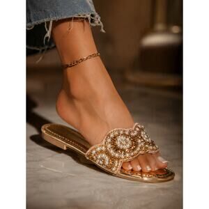 GORGLITTER Gold Pearl Rhinestone Slide Sandals Women’s Size 11